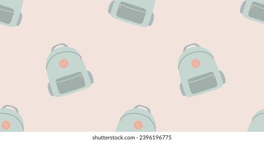 School cartoon pattern with flat colorful backpacks and rucksacks. Isolated Pastel elements, Style Accessory. Vector illustration. Seamless background for textile, Wrapping paper, Fabric.