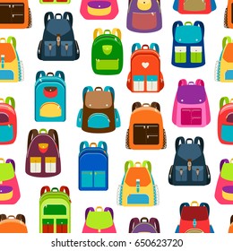 School cartoon pattern with flat colorful backpacks and rucksacks on white background. Vector illustration