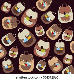 School cartoon pattern with flat colorful backpacks and rucksacks. Vector illustration. Vector cartoon flat background.