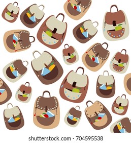 School cartoon pattern with flat colorful backpacks and rucksacks on white background. Vector illustration. Vector cartoon flat background.