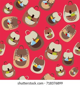 School cartoon pattern with flat colorful backpacks and rucksacks. Vector illustration. Vector cartoon flat background.