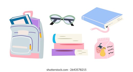 School cartoon retro groovy supplies stickers. Back to school theme. Cute pastel textbooks, notebooks, backpack, pencils. All for learning. Vector illustration