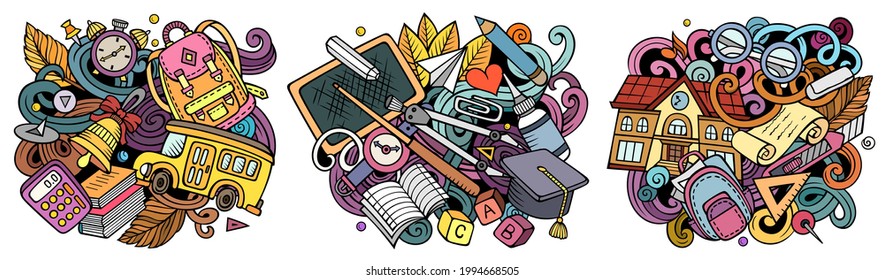 School cartoon vector doodle designs set. Colorful detailed compositions with lot of education objects and symbols. Isolated on white illustrations