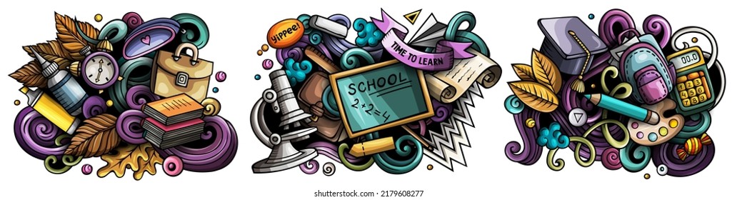 School cartoon vector doodle designs set. Colorful detailed compositions with lot of education objects and symbols. Isolated on white illustrations