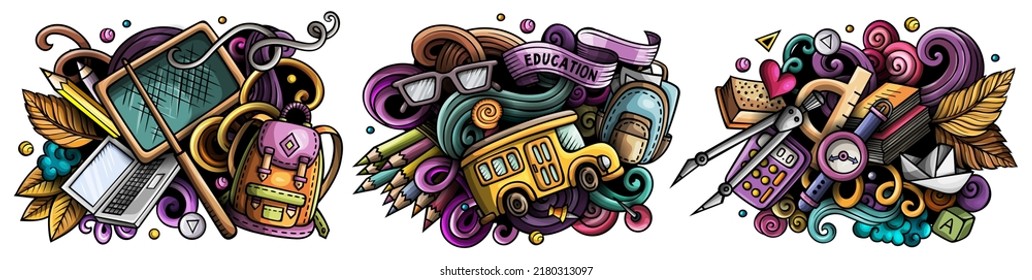 School cartoon vector doodle designs set. Colorful detailed compositions with lot of education objects and symbols. Isolated on white illustrations