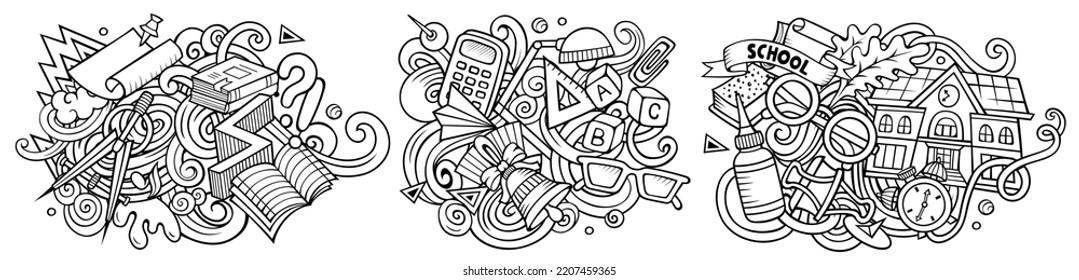 Diseños de dibujos animados de escuelas vectoriales. Composiciones detalladas con muchos objetos y símbolos educativos. Isolación en ilustraciones blancas