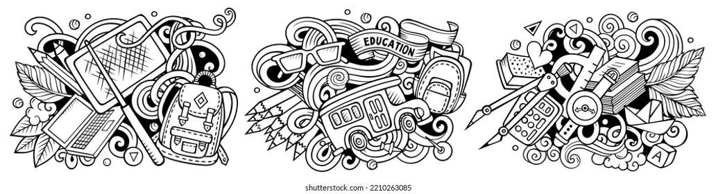 School cartoon vector doodle designs set. Sketchy detailed compositions with lot of education objects and symbols. Isolated on white illustrations