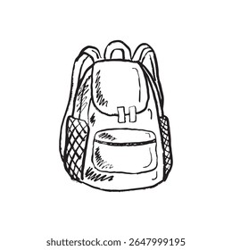 School casual backpack in black brush stroke texture isolated on white. Hand drawn vector sketch illustration in vintage charcoal ink. Casual fashion accessory design, back to school concept