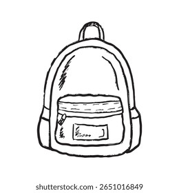 School casual backpack in black brush stroke texture isolated on white. Hand drawn vector sketch illustration in vintage charcoal ink. Casual fashion accessory design, back to school concept