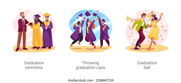 School celebration isolated cartoon vector illustration set. Graduation ceremony, throwing caps, graduation ball, prom party, school certificate, student on stage, tradition vector cartoon.