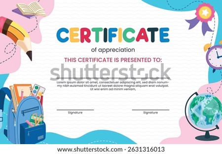 School certificate award template clipart. Kindergarten graduation diploma editable clip art for education achievement appreciation document lay out design vector illustration.  
