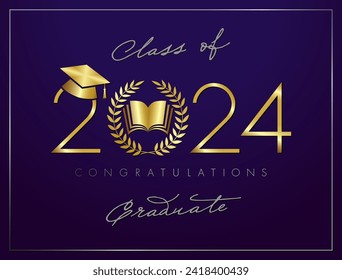 School certificate creative concept with golden and silver elements. Gold number 2024 with palm leaf, open book and graduating cap. Class of 2024 congratulations graduate. Prom banner. Reward design.