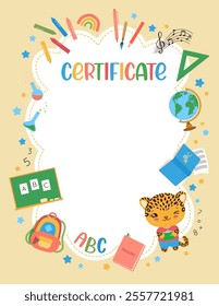 School certificate playful design template. Cute frame for elementary class with school supplies background. Kawaii animal student children vector illustration. Bright colors, child-friendly elements.