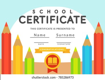 School certificate template. Kids, kindergarten, students diploma concept.  template layout space background frame design vector. Certificate for kindergarten students, education preschool.