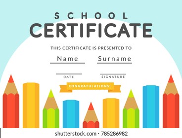 School certificate template. Kids, kindergarten, students diploma concept.  template layout space background frame design vector. Certificate for kindergarten students, education preschool.