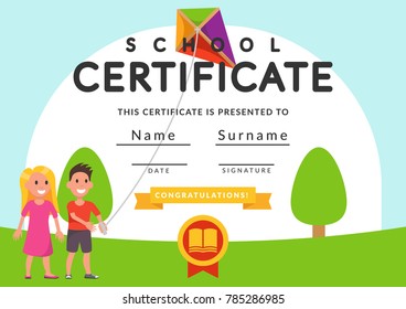 School certificate template. Kids, kindergarten, students diploma concept.  template layout space background frame design vector. Certificate for kindergarten students, education preschool.