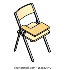 A school chair with a fold-up tablet/desk.