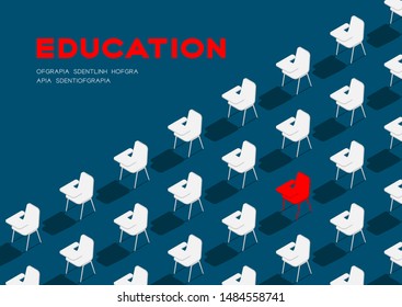 School chair with writing pad 3D isometric pattern, Education classroom concept poster and banner horizontal design illustration isolated on blue background with copy space, vector eps 10