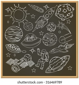 School chalk board with with outer space doodles, symbols and design elements: spaceships, ufo, planets, stars, rocket, astronauts, comets. Cartoon background. Hand drawn vector illustration