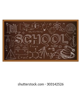 School chalk board. Set of school doodles on brown background. Vector Illustration.