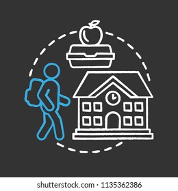 School chalk concept icon. Education idea. Student, lunchbox, school building. Vector isolated chalkboard illustration
