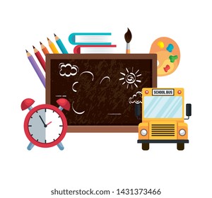 school chalkboard with alarm clock and bus