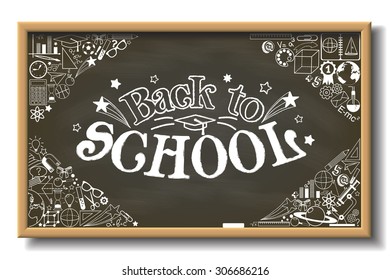 School chalkboard with back to school text and whit different educational elements on blackboard
