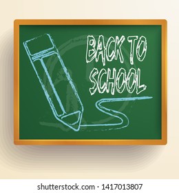 School chalkboard background with wooden frame and decorative drawn image of pencil with back to school vector illustration