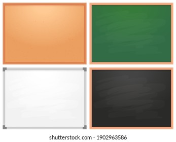 School chalkboard, cork board, whiteboard for markers. Collection of billboard for school college oe office, whiteboard and wooden. Vector illustration