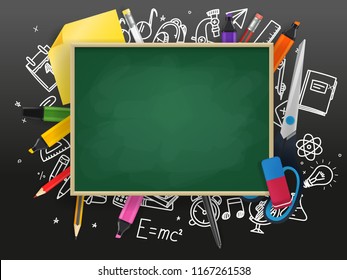 School chalkboard with different education stuff