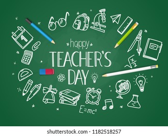 School chalkboard with different education stuff. Happy teachers day