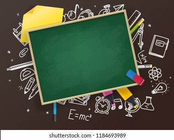 School chalkboard with different education stuff
