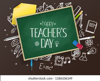 School chalkboard with different education stuff. Happy teachers day