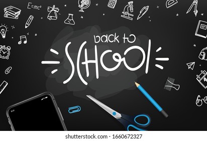 School chalkboard with different objects and lettering logo. Welcome back to school vector card
