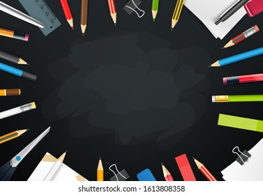 School chalkboard with different objects. Vector frame for a text