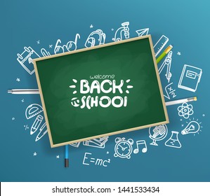School chalkboard with different stuff. Welcome back to school vector card