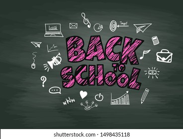 School chalkboard with different stuff. Welcome back to school vector card