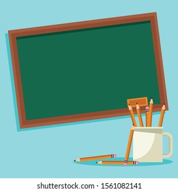 school chalkboard and mug with pencils over blue background, colorful design , vector illustration