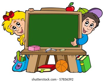 School chalkboard with two kids - vector illustration.