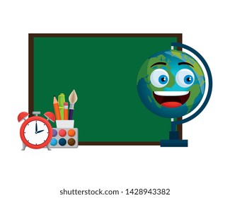 school chalkboard with world map kawaii and supplies