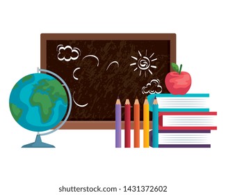 school chalkboard with world map and supplies