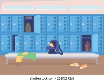 School changing room flat color vector illustration. Preparing stuff before sports class. Wardrobe area. College dressing space 2D cartoon interior with private storage shelves on background