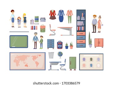 School character constructor kit and objects for animation. Teachers with students and parents. School furniture, desk classroom, map, bookshelf, backpack, home decoration, furniture, clothes vector.