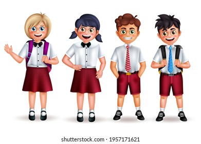 School character vector set. Back to school student 3d characters in friendly pose and gestures wearing uniform isolated in white background for educational design. Vector illustration 