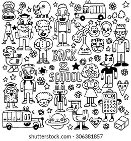 School Characters. Back to School Wacky Doodle Set. Hand Drawn Vector Illustration.
