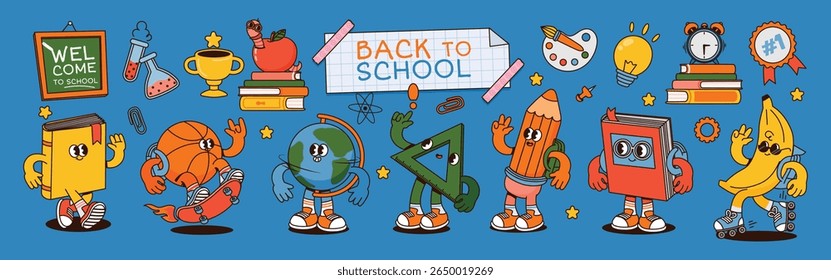 School characters. Education mascots. Cartoon funny groovy supplies, back to school comic elements. Cute pencil, book, ball, globe, ruler with faces, legs, hands. Vector set.