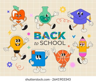 School characters of funny school items with different emotions and back to school greeting. Kawaii happy characters of school supplies-book, ball, pencil, flask, bulb, apple. Vector illustration.