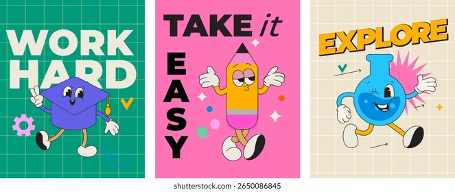 School characters of funny school items with different emotions and motivational phrases.Kawaii happy characters of school supplies-pencil,flask,oxford cap.Template for design,web,poster,banner Vector