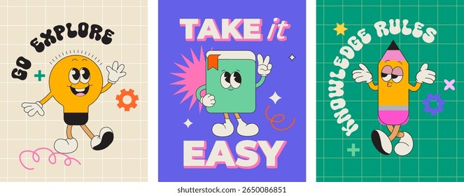 School characters of funny school items with different emotions and motivational phrases.Kawaii happy characters of school supplies-pencil, book, bulb. Template for design, web, poster, banner. Vector