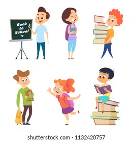 School characters. Male and female children go to school. Boy and girl character, child education, pupil and student, vector illustration